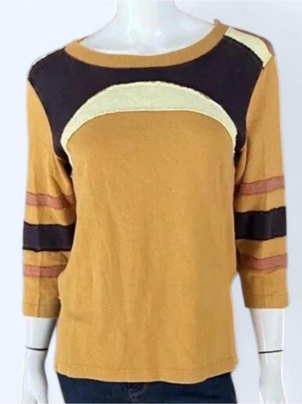 NWOT We The Free People Boho Mustard Colorblock Women's Sweater - 3/4 Sleeve